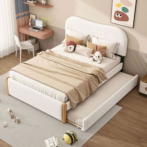 Lit Gigogne 140x200cm - Design Minimaliste - lit 2 places - Tissu Peluche Doux, Tête de Lit Rembourrée, Tiroir Réversible - Blanc (1/5)