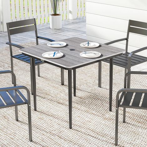 Mesa de jardín rectangular para 4 personas, mesa de comedor exterior con orificio para sombrilla, 85 x 85 x 72,5 cm, gris.