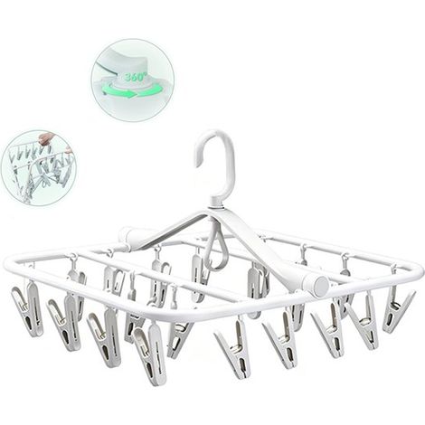 Étendoir à chaussettes - Étendoir à linge pliable et rotatif - Étendoir à linge en plastique avec plusieurs pinces - Étendoir à linge coupe-vent à plusieurs têtes - Étendoir à linge avec 20 pinces - É (1/5)