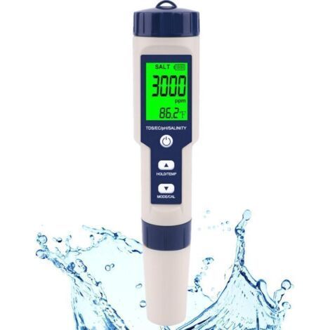 Testeur TDS/EC/PH/Salinité/Température 5 en 1 Contrôleur numérique de la qualité de l'eau Détecteur de sel Testeur PH pour l'eau potable Aquariums (1/5)