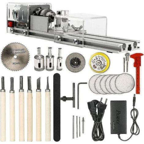 Mini torno para madera dura – Velocidad ajustable de 1500 a 7000 rpm – Alimentación de 12-24 V – Juego completo de accesorios (1/5)