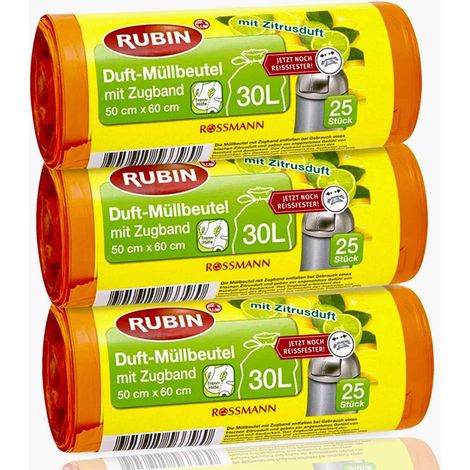 Lot de 3 paquets de 25 sacs poubelle parfumés recyclables avec cordon de serrage et particulièrement résistants à la déchirure 30 l (1/5)