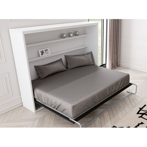 Lit escamotable horizontal 140x190 cm avec étagères intérieures Rankar - Coffrage Noyer - Matelas Sans matelas - Façade Anthracite (1/5)