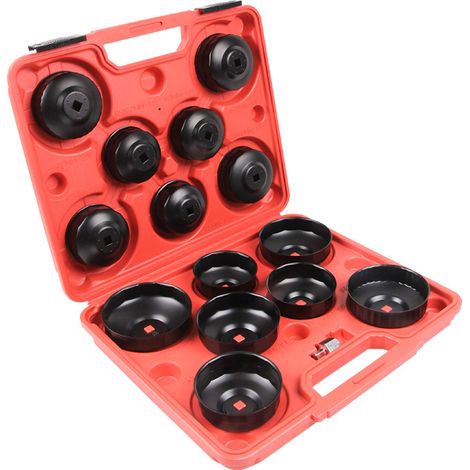 Kit de 14 pcs. de Coiffes ou Clés de filtre à huile - 65-100 mm - avec Mandrin 10 mm et Adaptateur 12,7 mm - dans un Coffret - grande compatibilité