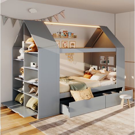 Letto per bambini 90x200 cm a casetta con LED e contenitore, 2 cassetti, grigio OKWISH (1/5)