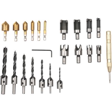 Set mit 23 Holzbearbeitungswerkzeugen zum Anfasen und Bohren: 8 Holzstempel, 6 1/4-Zoll-Sechskantbits, 5 90-Grad-Fräser