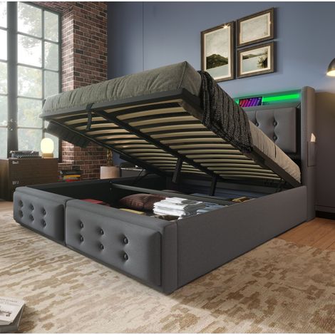 MEUBLIV Cama 160x200 cm gris – cabecero LED con USB-C y almacenaje, sin colchón (1/5)