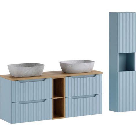 Ensemble VANO blau Denim und helles Eichenholz 170cm: Möbel unter Waschbecken mit Schubladen und sichtbaren Fächern + graue Waschbecken + Säule