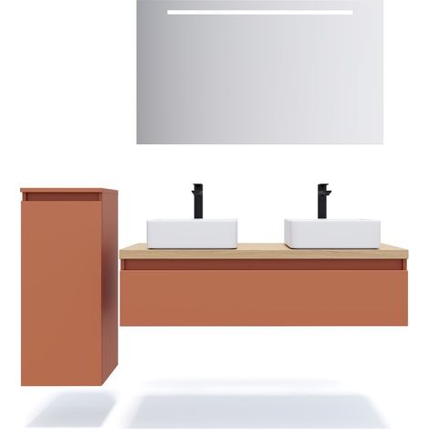 Meuble de salle de bain suspendu 2 vasques à poser 120cm 1 tiroir Terracotta + miroir + colonne ouverture gauche - Hudson (1/5)