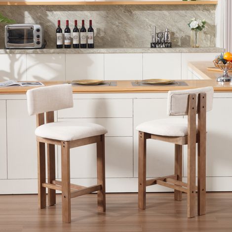 Wahson Set di 2 Sgabelli da Bar in Tessuto di Lino con Gambe in Legno, cuscino spesso piede in legno massello comodo seggiolone da cucina, Beige (1/5)