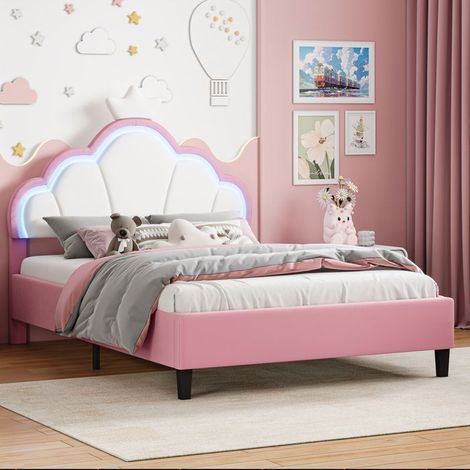 Letto matrimoniale 140x190 cm - Stile Principessa (testata a forma di corona) - Velluto rosa e bianco - LED RGB integrato - Rete a doghe inclusa