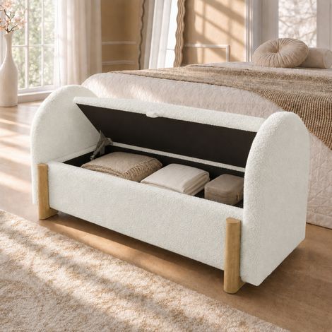 Banco arcón (106x47x61 cm), con almacenamiento hidráulico, cierre suave, chenilla y madera, blanco