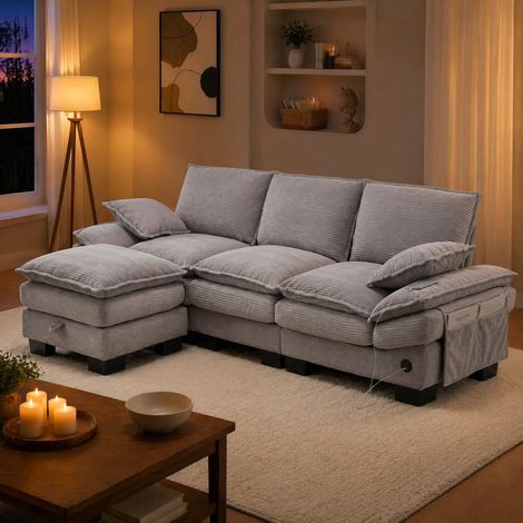 Divano modulare a 3 posti 260x132x84 cm, con pouf contenitore, seduta ergonomica, tessuto corduroy, grigio chiaro (1/5)