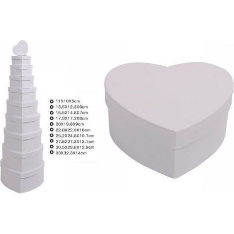 TrAdE Shop Traesio - Set 10pz Scatole Box Per Regali Varie Misure Matrioska Forma Cuore Bianco 71960 -