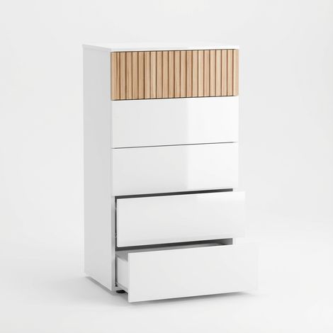 Comò Settimino 5 Cassetti Settimanale Alto Salvaspazio Mobile Mobiletto Cassettiera Design Per Camera da Letto Ingresso Corridoio Moderno Scandinavo 109 x 61 x 40 Cm Bianco E Rovere Listato