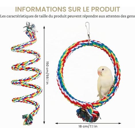 cordes d'escalade pour oiseaux : 150 cm - Corde spirale colorée en coton - Diamètre 18 cm - Jouet circulaire pour perroquet, balançoire, corde d'escalade pour perruches, calopsittes et (1/4)