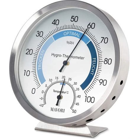 Hochwertiges, analoges Hygrometer-Thermometer aus Edelstahl für den Innenbereich zur zuverlässigen und komfortablen Temperaturregelung in Innenräumen. (1/5)