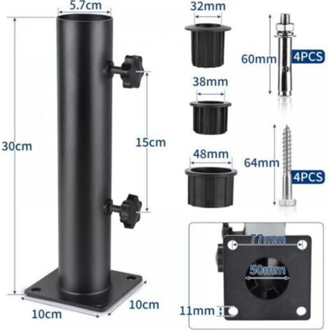 Base per ombrellone, tubo per ombrellone, supporto per ombrellone regolabile in metallo con 3 anelli di riduzione in PVC (32/38/48 mm), tubo di base per ombrellone con 8 chiodi in acciaio, nero (1/3)