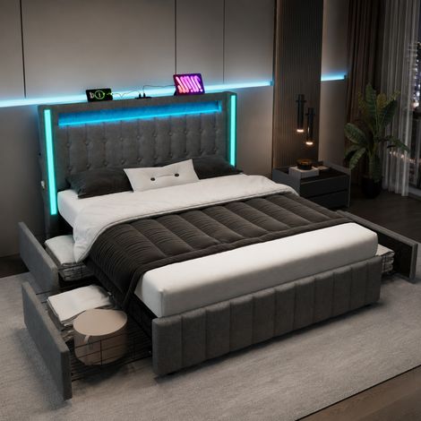 CHICFURN Cama doble 160x200 cm de lino gris con LED, USB y 4 cajones, sin colchón (1/5)