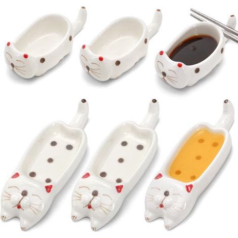 Set di 6 simpatiche ciotoline per salsa di soia, piccole ciotoline in ceramica per salse e mini ciotole per sushi a forma di gatto con porta bacchette, adatte per utensili da cucina giapponesi come ol (1/2)