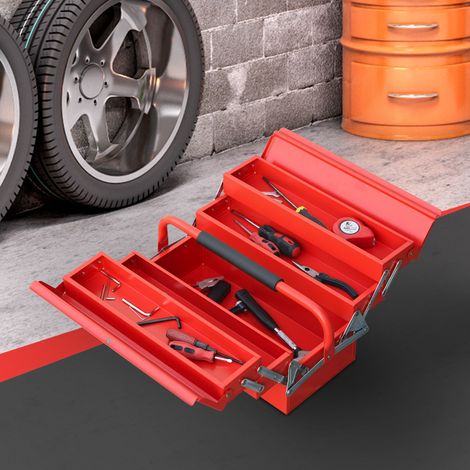 Boîte à outils métallique DURHAND, coffret à outils pliable en acier avec 5 plateaux et poignée, pour atelier, garage, 45 x 20 x 34,5 cm, rouge (1/5)