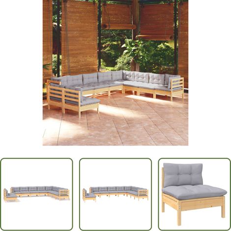 Terrassensofa - 10-tlg. Garten-Lounge-Set mit Grauen Kissen Massivholz Kiefer (1/5)