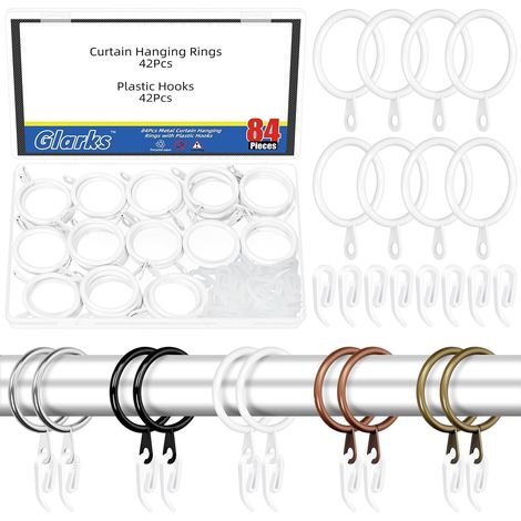 Lot de 42 anneaux de suspension de rideaux en métal blanc de 30 mm, comprend 42 anneaux de rideaux et 42 crochets de rideau en plastique blanc, anneaux coulissants à œillets pour fenêtre (1/5)