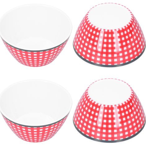 Ensemble de 4 saladiers de 15 cm (6 po) en porcelaine imitation à carreaux rouges, idéal pour servir les repas.