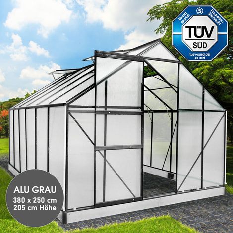 BRAST Gewächshaus Aluminium mit Fundament rostfrei TÜV geprüft 6mm Platten 380x250x205cm Grau
