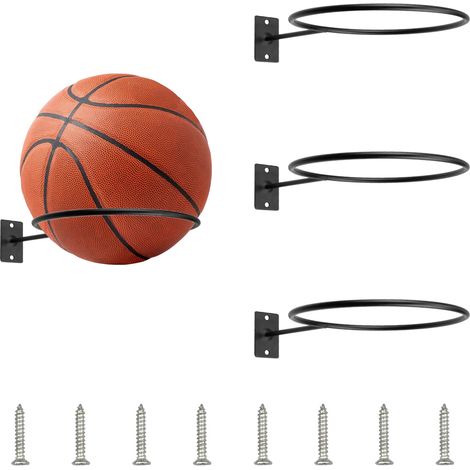 Support Mural Ballon, 3 Pièces Support Ballon Basket avec 6 Vis, Porte Ballon Mural en Métal pour Football Rugby Basketball Volleyball (Noir) (1/5)