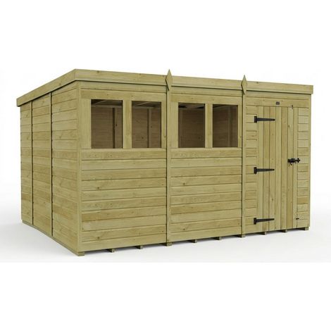 12ft x 10ft Pent Garden Shed Single Door With Windows - Pressure Treated Timber - L366 x W305 x H210 cm - Natural