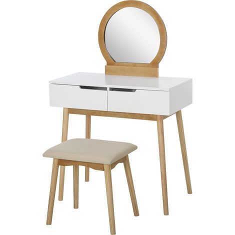 Coiffeuse Design scandinave Table de Maquillage avec Miroir, 2 tiroirs et Tabouret Blanc pin Clair (1/5)