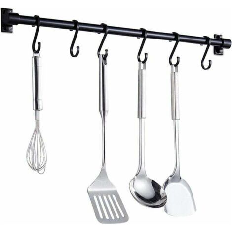 FENOPLASTICABarre Murale Cuisine Ustensiles 40CM - Barre Étagère de Cuisine avec 6 Crochets Amovibles - Rack Porte Étagère à Fixation Murale pour Ustensiles de Cuisine (Noir) (1/4)