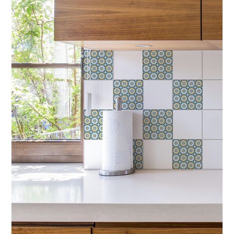 Sticker carrelage adhésif décoratif 10x10cm, 9 pièces - Arabesque marocaine, tons verts - Crédence autocollant carrelage décoratif (1/2)