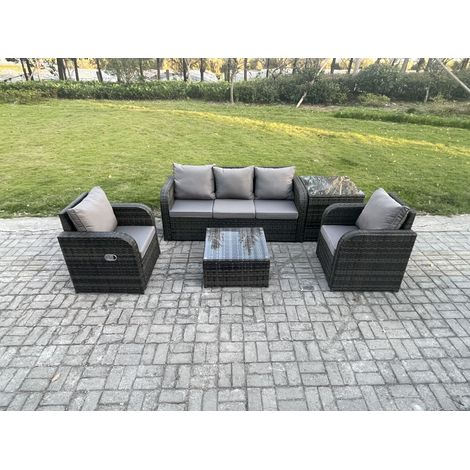 Fimous Gartenmöbelset 5-Sitzer Rattan Sofa Set mit Liegestühle 3-Sitzer Sofa Beistelltisch Dunkelgrau Gemischt (1/5)