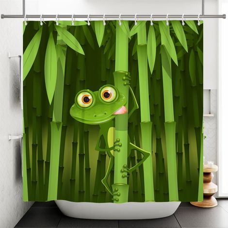 180x198cm Mignon Grenouille Rideau de Douche Drôle Grenouille Bambou Dessin animé Animal Arbre Feuilles Vert Rideau de Douche pour avec Crochets (1/4)
