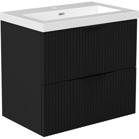 Meuble de Salle de Bain Suspendu Noir Mat 60cm avec 2 Tiroirs Silencieux, Vasque Résine, Résistant à l'Humidité, Cannelé Design (1/5)