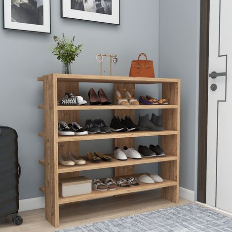 Zapatero Offida, Mueble para 16 Pares, 5 Estantes, 4 Espacios, 76x31x72h cm Roble Marrón Nudos (1/5)