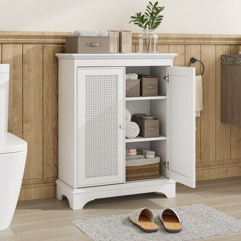 Meuble de rangement salle de bain sur pied, étagère réglable, porte en rotin, 66.6×30×86.5 cm, MDF blanc (1/5)