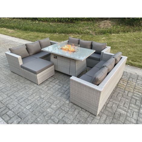 Fimous Light Grey U Shape Lounge Sofa Dining Set With Gas Fire Pit Rattan Garden Furniture Set Heater Burner Big Footstool (1/4)