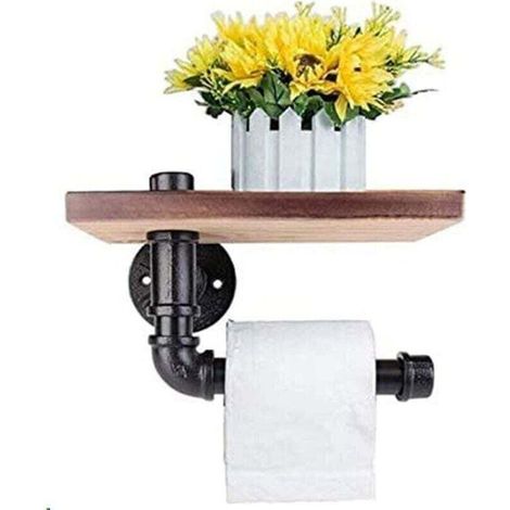 Porte-papier toilette Étagère murale décorative - Style industriel -, XU,Tuyau en acier - Equipé de étagère en bois pour décoration de salle de bain - KZQ (1/4)
