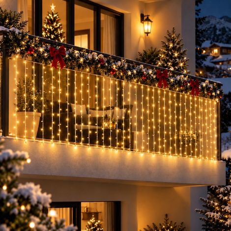 Tenda Luminosa LED a Cascata Lineare 500 LED 7,40x1 Metro Luce Calda per Esterno Interno IP44 con 13 Giochi Luce Timer Cavo Bianco (1/4)