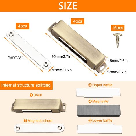 Lot de 4 - Loquets Magnetiques Pour Armoires - Aimant Porte Placard - Ferme Porte Magnétique En Acier Inoxydable De 40 kg - Verrous Magnétiques (1/5)