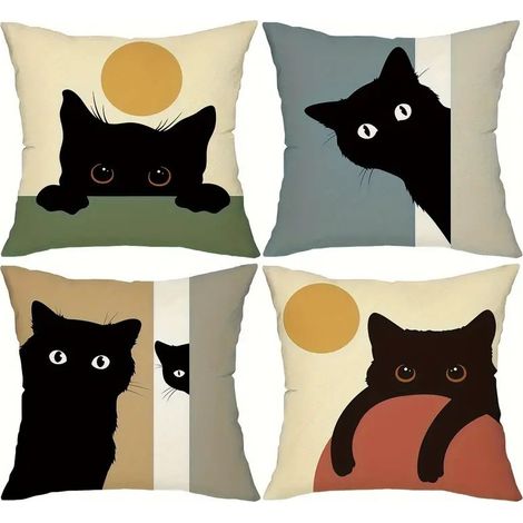 Lot de 4 Housses de Coussin Motif de Chat Noir Style Cartoon Taie d'oreiller Décorative Carrée en Lin pour Canapé Maison Salon Chambre à Coucher
