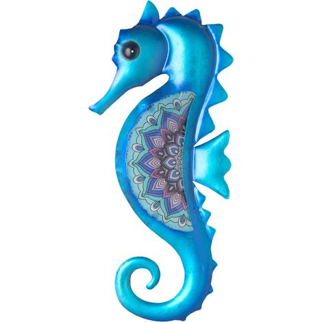 Ornamento da parete a forma di cavalluccio marino in metallo blu con motivo floreale - NUOVO