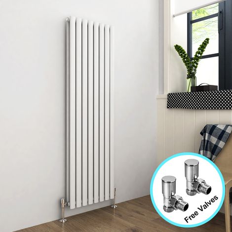 ELEGANT 1600 x 480 mm White Designer Modern Tall Bar Radiator Efficient Rads Double Oval Panel Heater Radiators + Angled Radiator Valves (1/5)