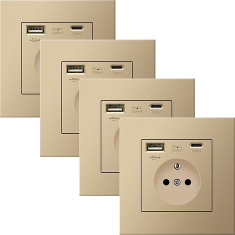 Lot 4 Prises Murales USB & Type-C 5V 2.1A – Prises Universelles Sécurisées, Or, 86 mm
