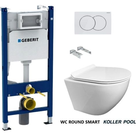 Bâti-support GEBERIT Duofix pack réservoir encastrable et plaque DELTA 01 Blanc Brillant avec WC suspendu ROUND SMART Blanc abattant fin par KP