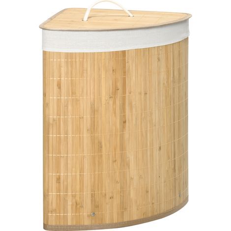 AMXCNOY Eck-Wäschekorb aus Bambus, 55 l, mit Deckel und herausnehmbarem Beutel, 38 x 38 x 57 cm, Naturholz und Weiß (1/5)