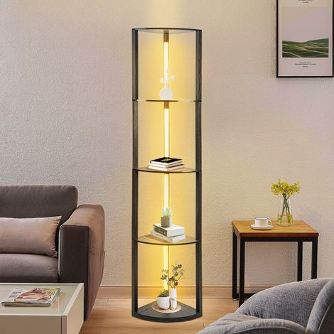 Jopassy Mensola per lampada da tavolo, 4 ripiani in legno, LED dimmerabile, 163 cm con telecomando, nero (1/5)